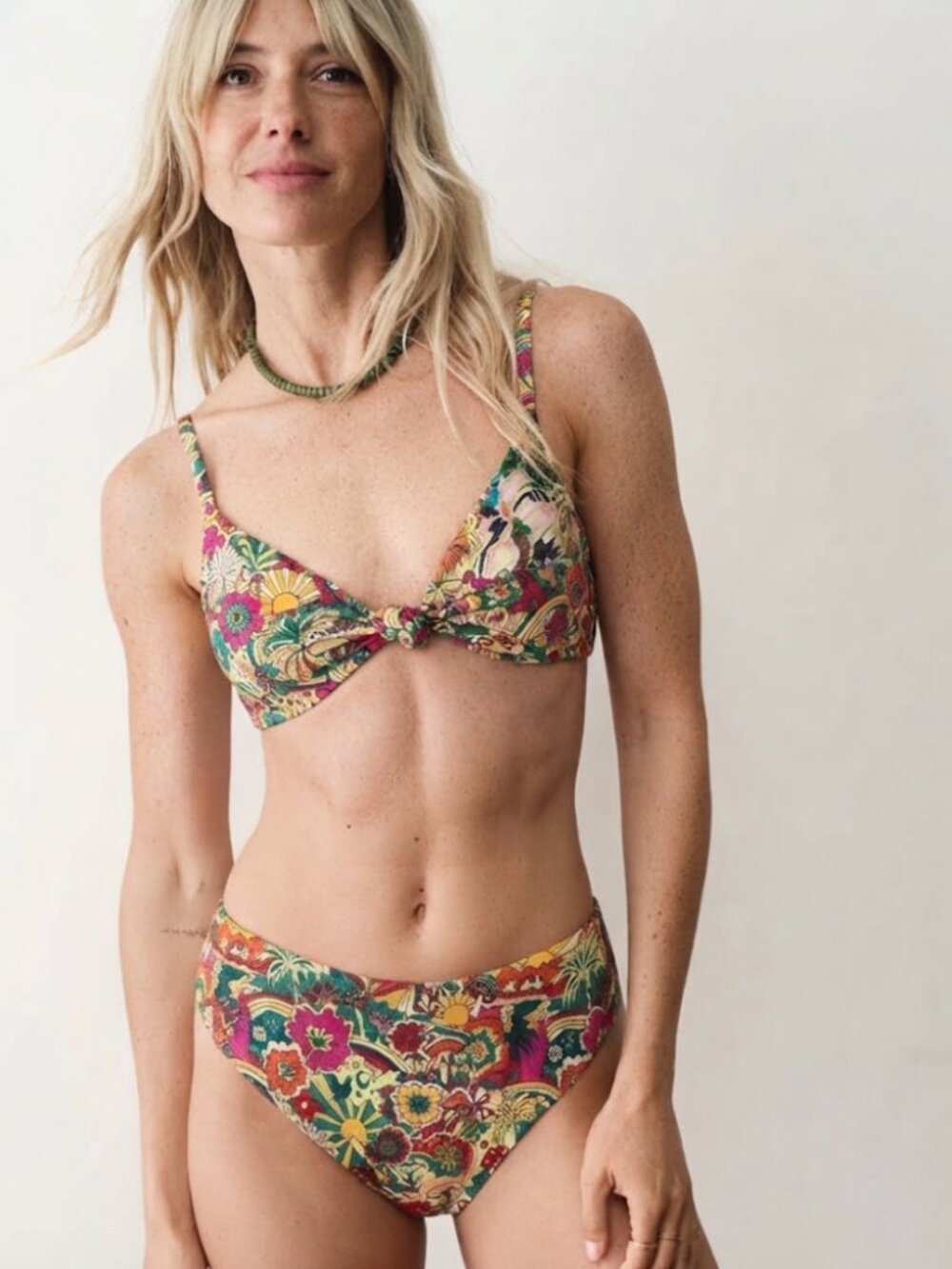NWT Marine Layer X Andie 90s Two Piece Swimsuit Green Red Floral 2-PC Size S